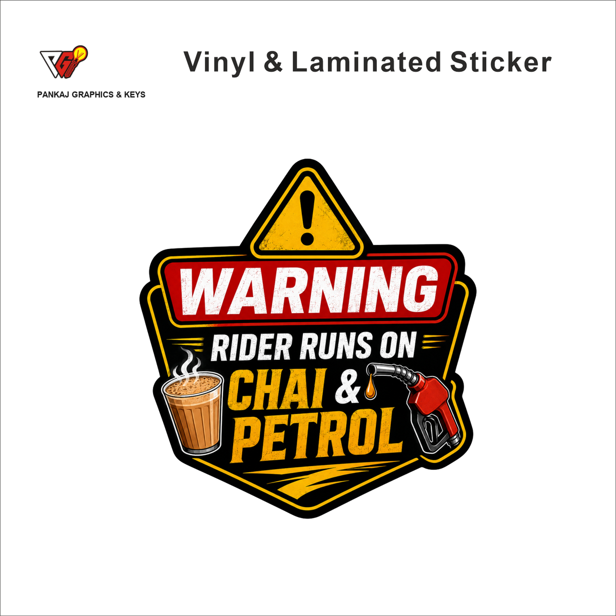 Warning - Rider Runs On Chai & Petrol funny bike warning sticker - matte laminated vinyl