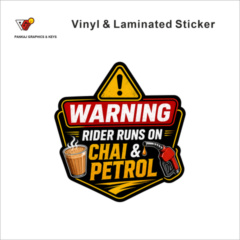Warning - Rider Runs On Chai & Petrol funny bike warning sticker - matte laminated vinyl