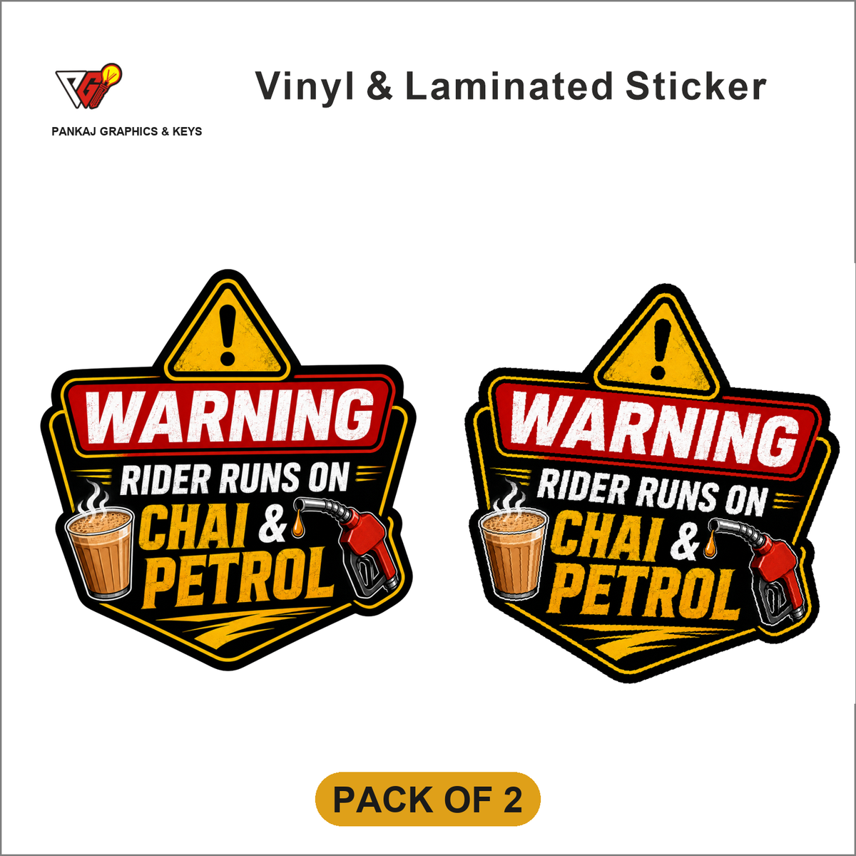 Warning - Rider Runs On Chai & Petrol sticker - Pack of 2