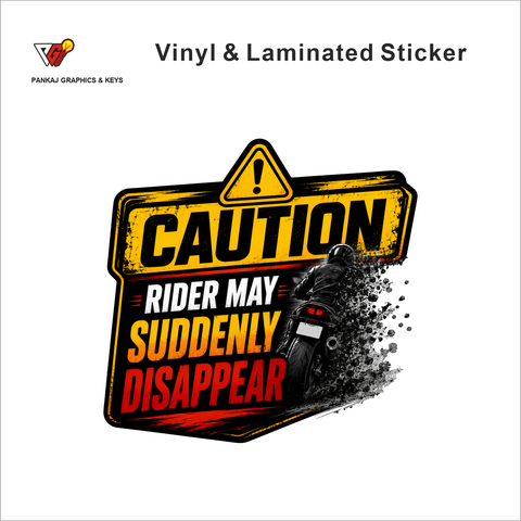 Caution - Rider May Suddenly Disappear funny bike warning sticker - matte laminated vinyl