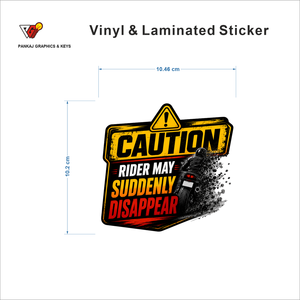 Caution - Rider May Suddenly Disappear sticker size 10.46 cm x 10.2 cm