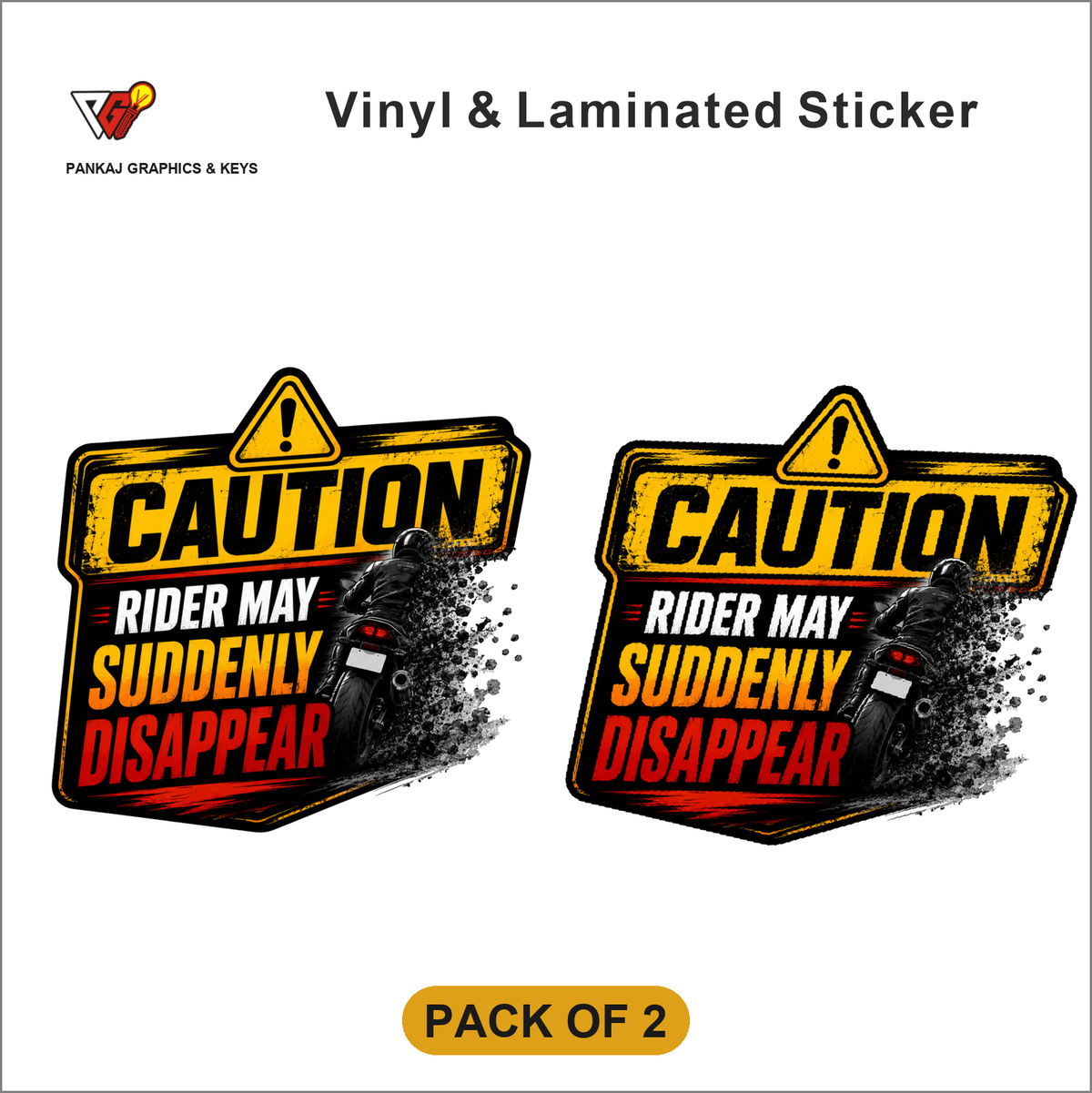 Caution - Rider May Suddenly Disappear sticker - Pack of 2