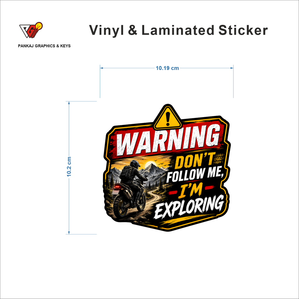Warning - Don't Follow Me, I'm Exploring sticker size 10.19 cm x 10.2 cm