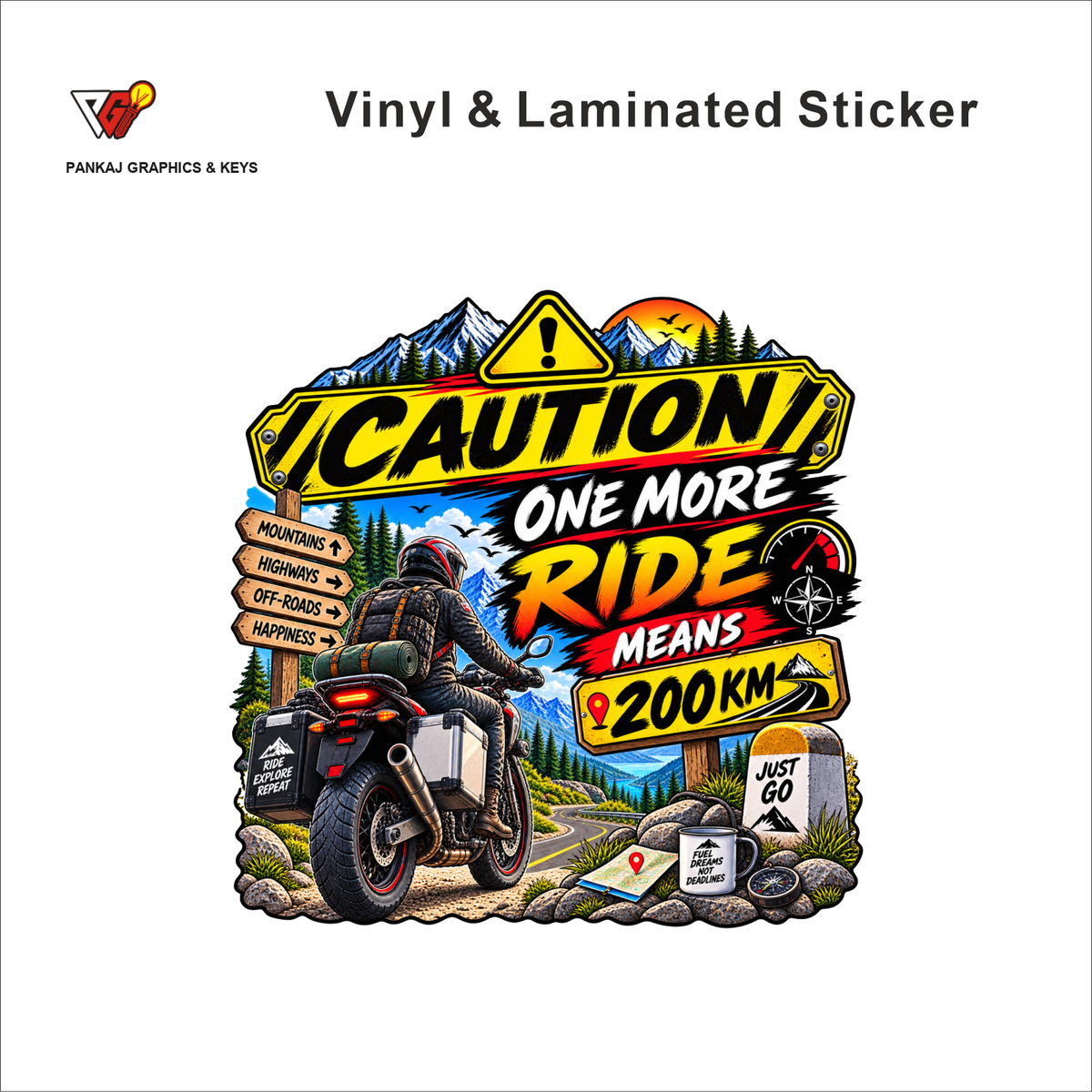 Caution - One More Ride Means 200km funny bike warning sticker - matte laminated vinyl