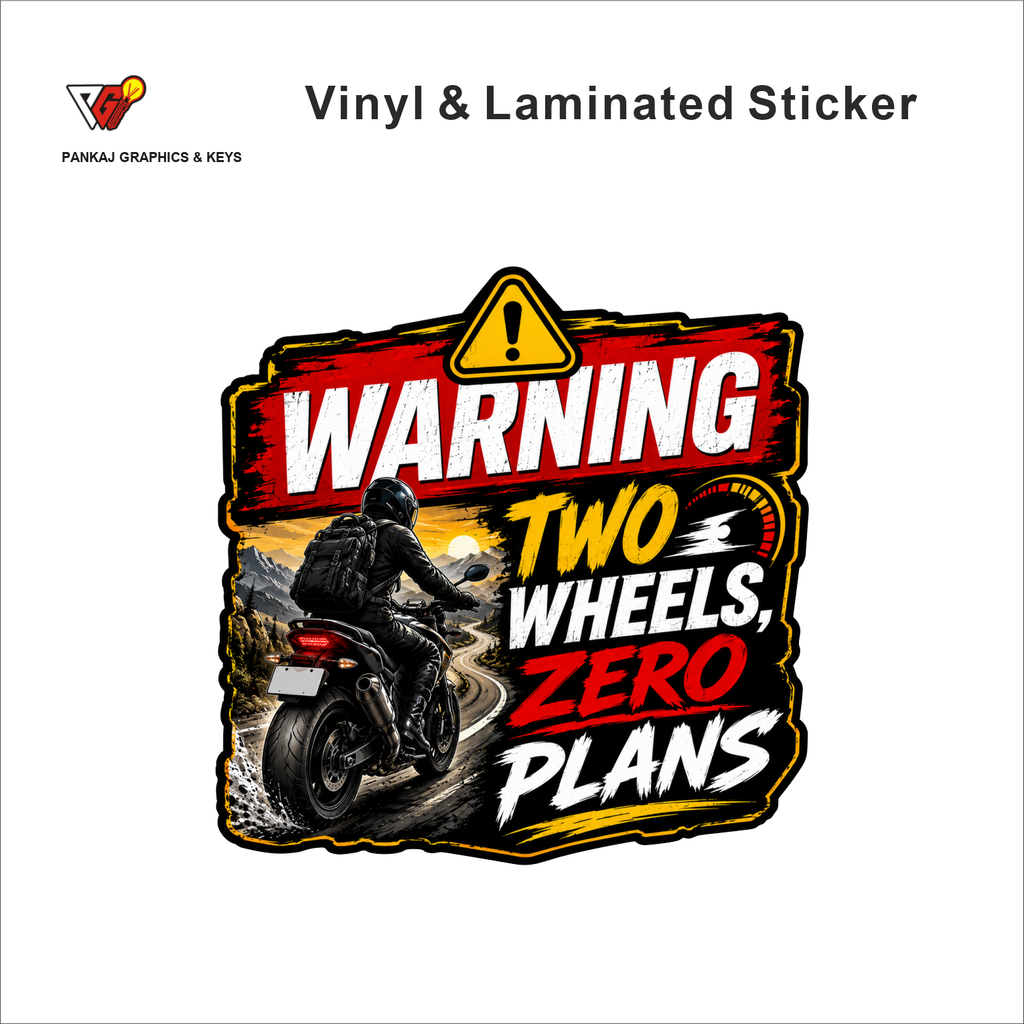 Warning - Two Wheels, Zero Plans funny bike warning sticker - matte laminated vinyl
