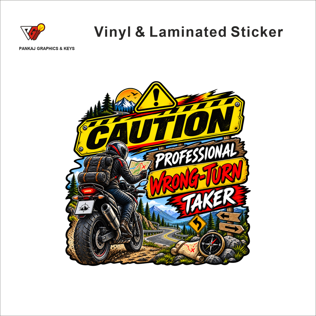 Caution - Professional Wrong-Turn Taker funny bike warning sticker - matte laminated vinyl