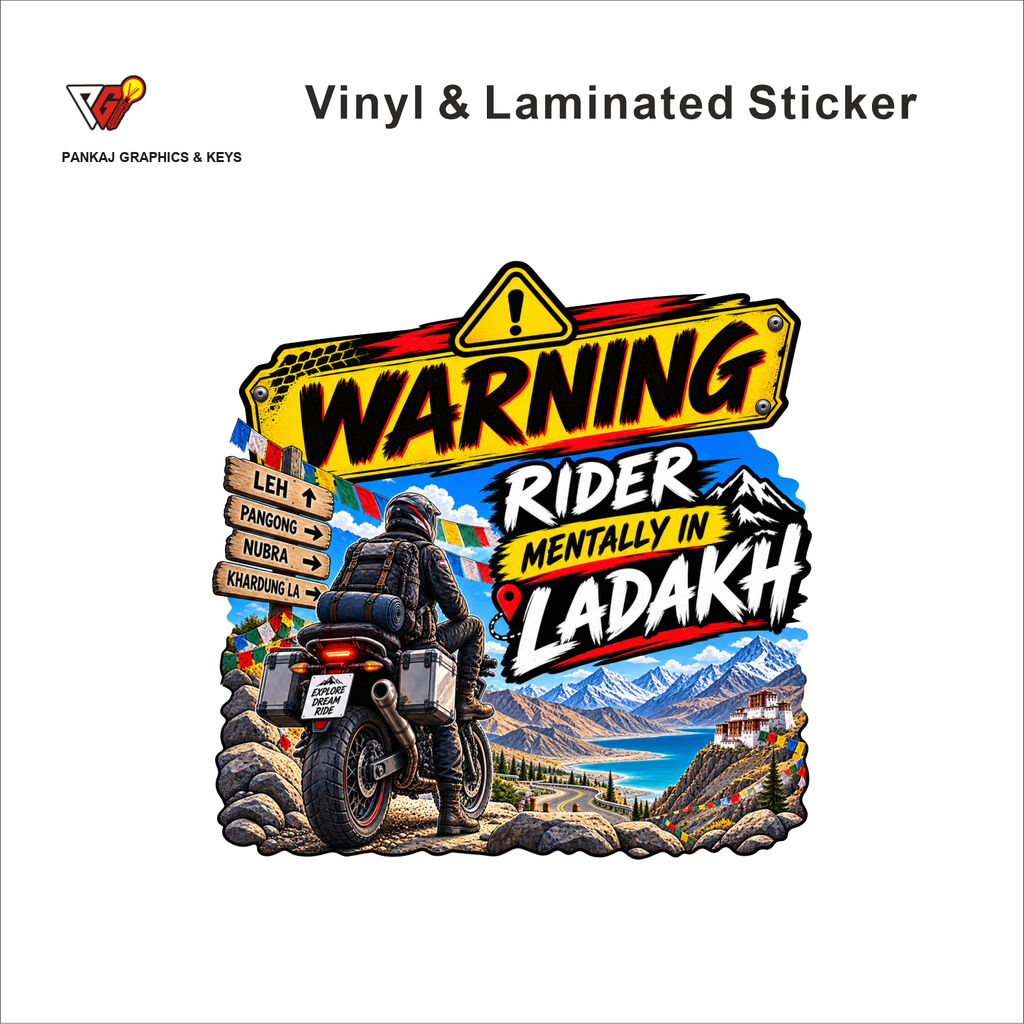 Warning - Rider Mentally In Ladakh funny bike warning sticker - matte laminated vinyl