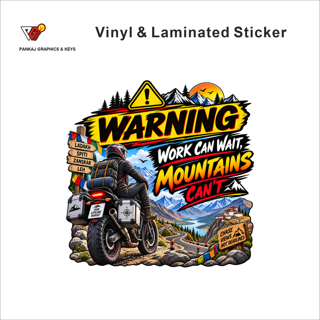 Warning - Work Can Wait, Mountains Can't funny bike warning sticker - matte laminated vinyl