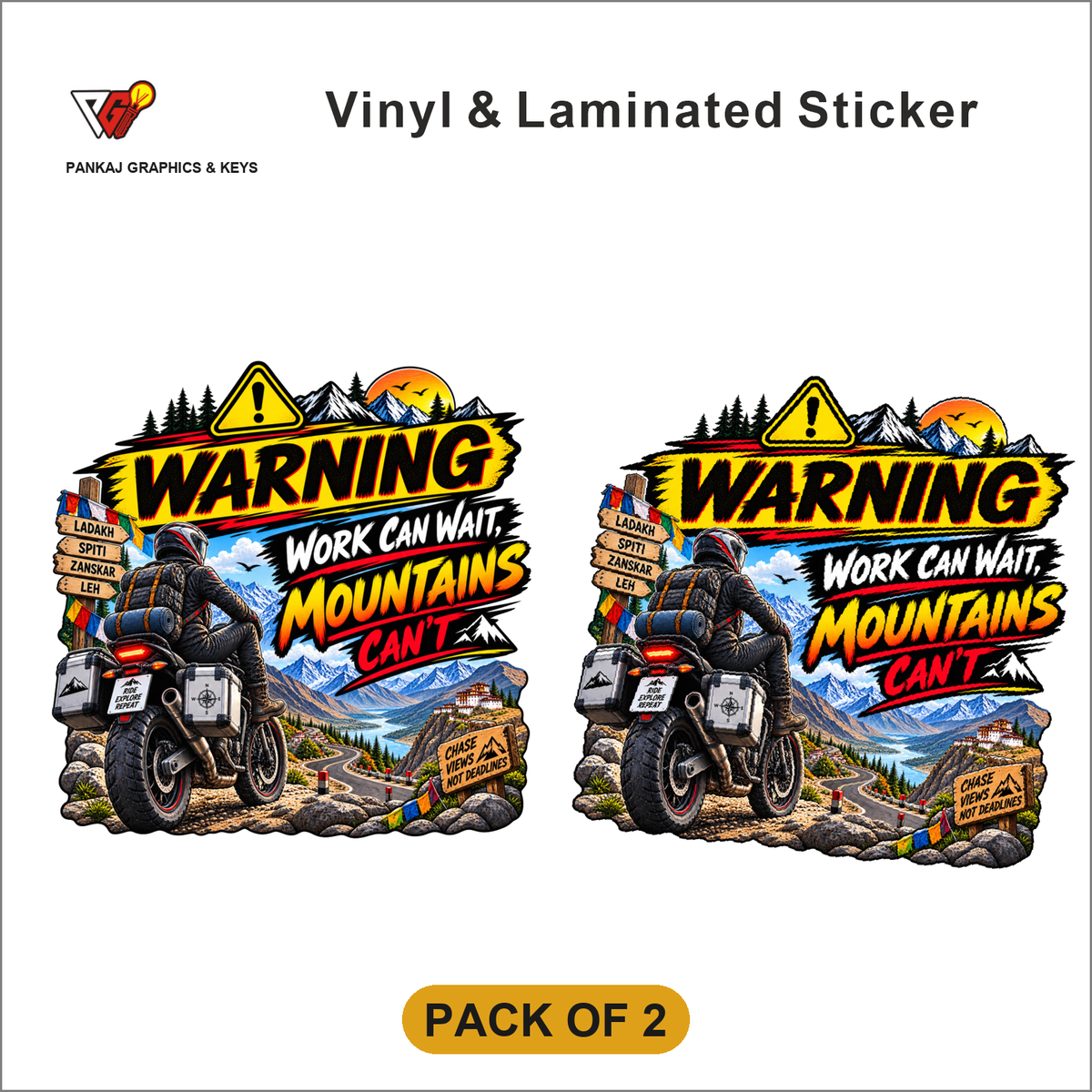 Warning - Work Can Wait, Mountains Can't sticker - Pack of 2