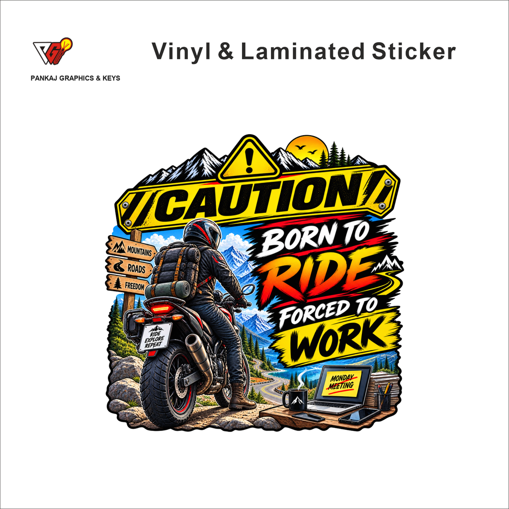 Caution - Born To Ride, Forced To Work funny bike warning sticker - matte laminated vinyl