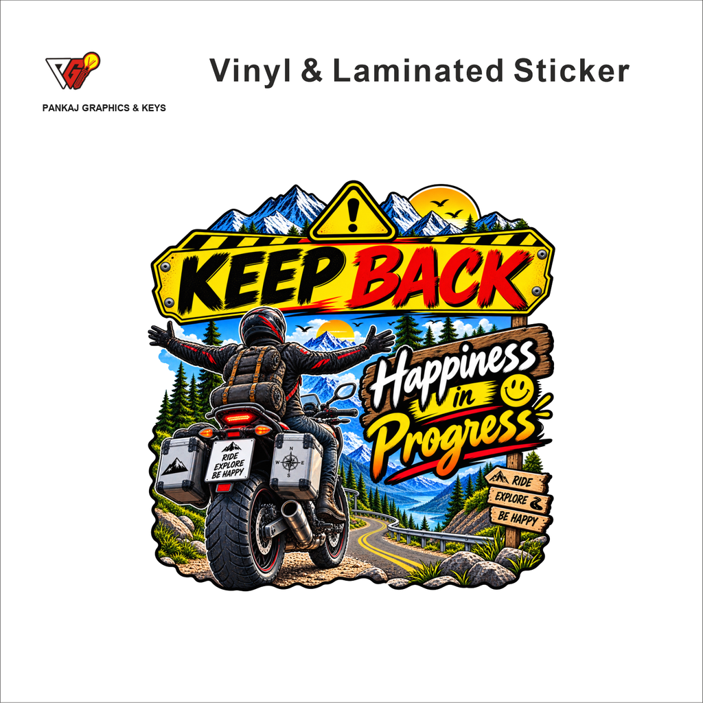 Keep Back - Happiness In Progress funny bike warning sticker - matte laminated vinyl