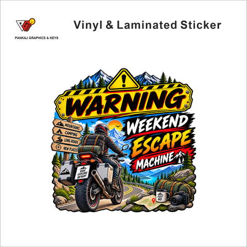 Warning - Weekend Escape Machine funny bike warning sticker - matte laminated vinyl