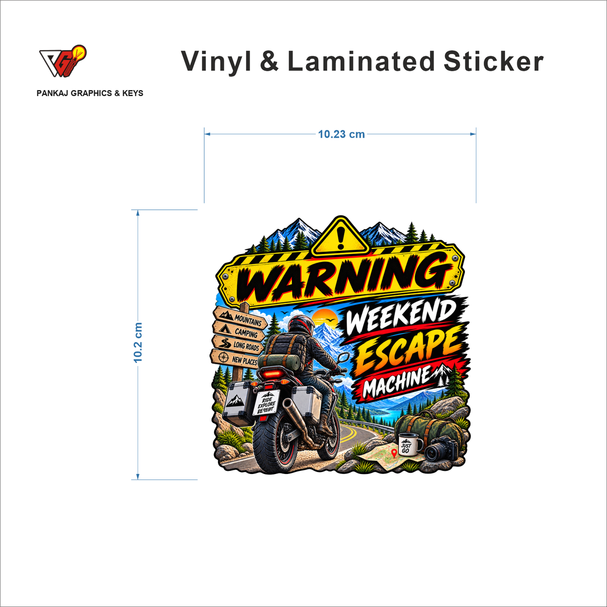 Warning - Weekend Escape Machine sticker size 10.23 cm x 10.2 cm