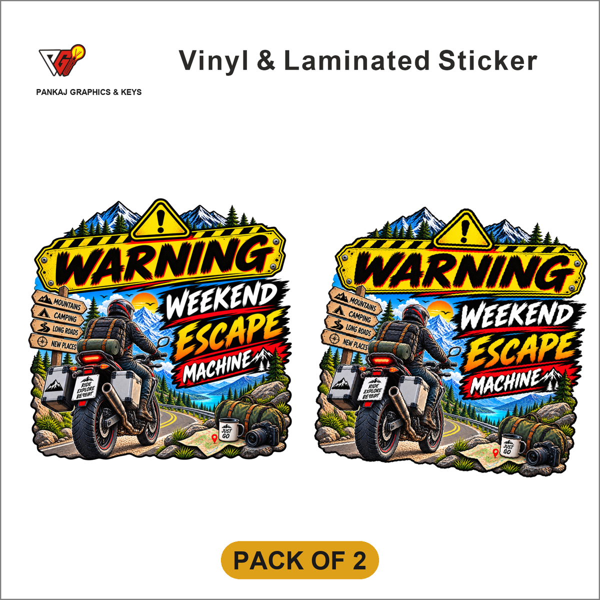 Warning - Weekend Escape Machine sticker - Pack of 2