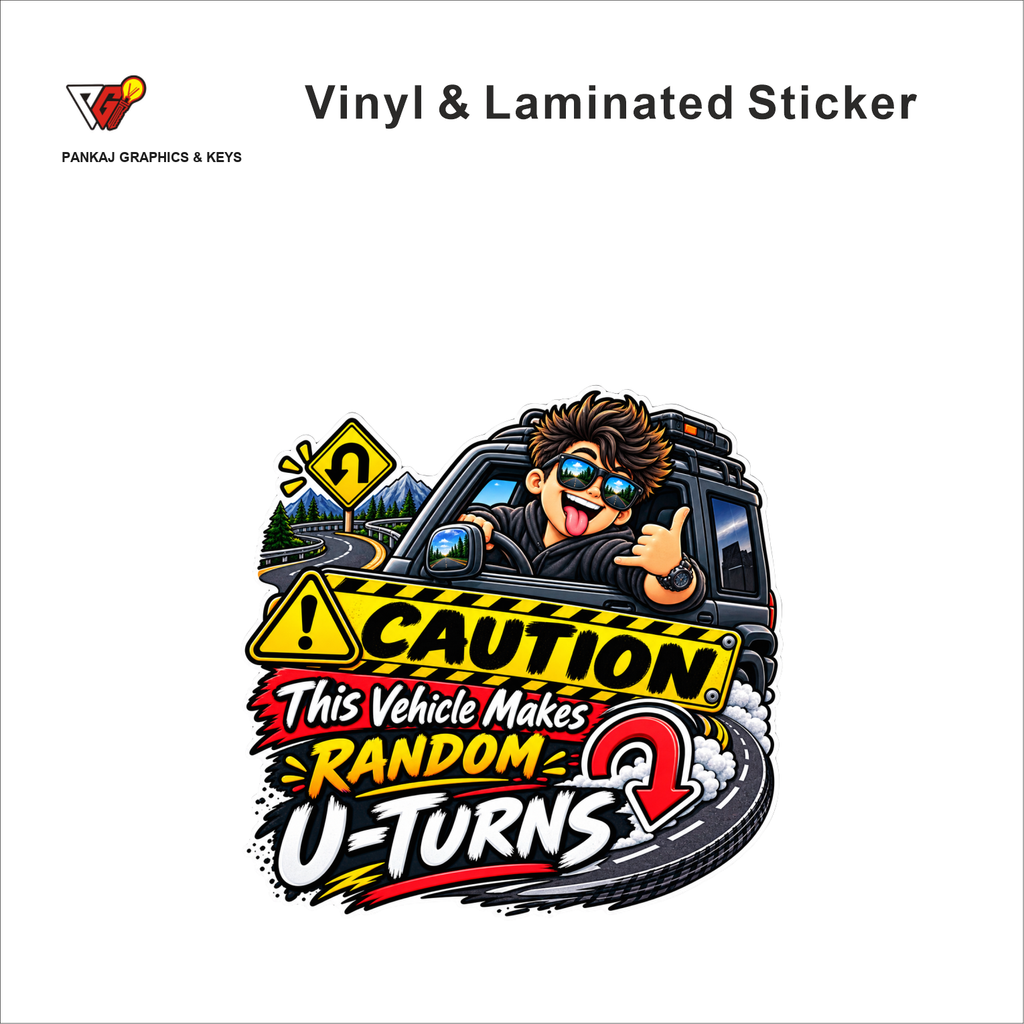 Caution - This Vehicle Makes Random U-Turns funny car warning sticker - matte laminated vinyl