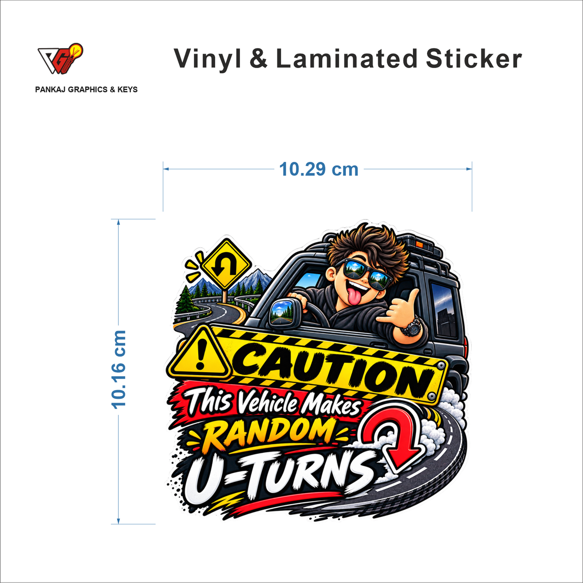 Caution - This Vehicle Makes Random U-Turns sticker size 10.29 cm x 10.16 cm