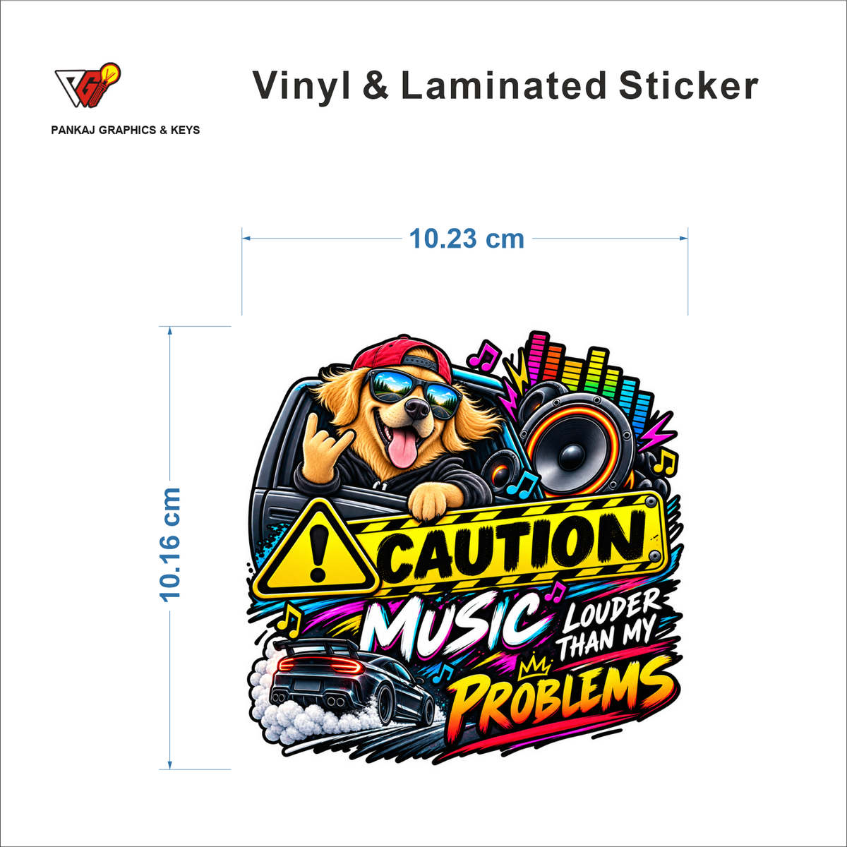 Caution - Music Louder Than My Problems sticker size 10.23 cm x 10.16 cm