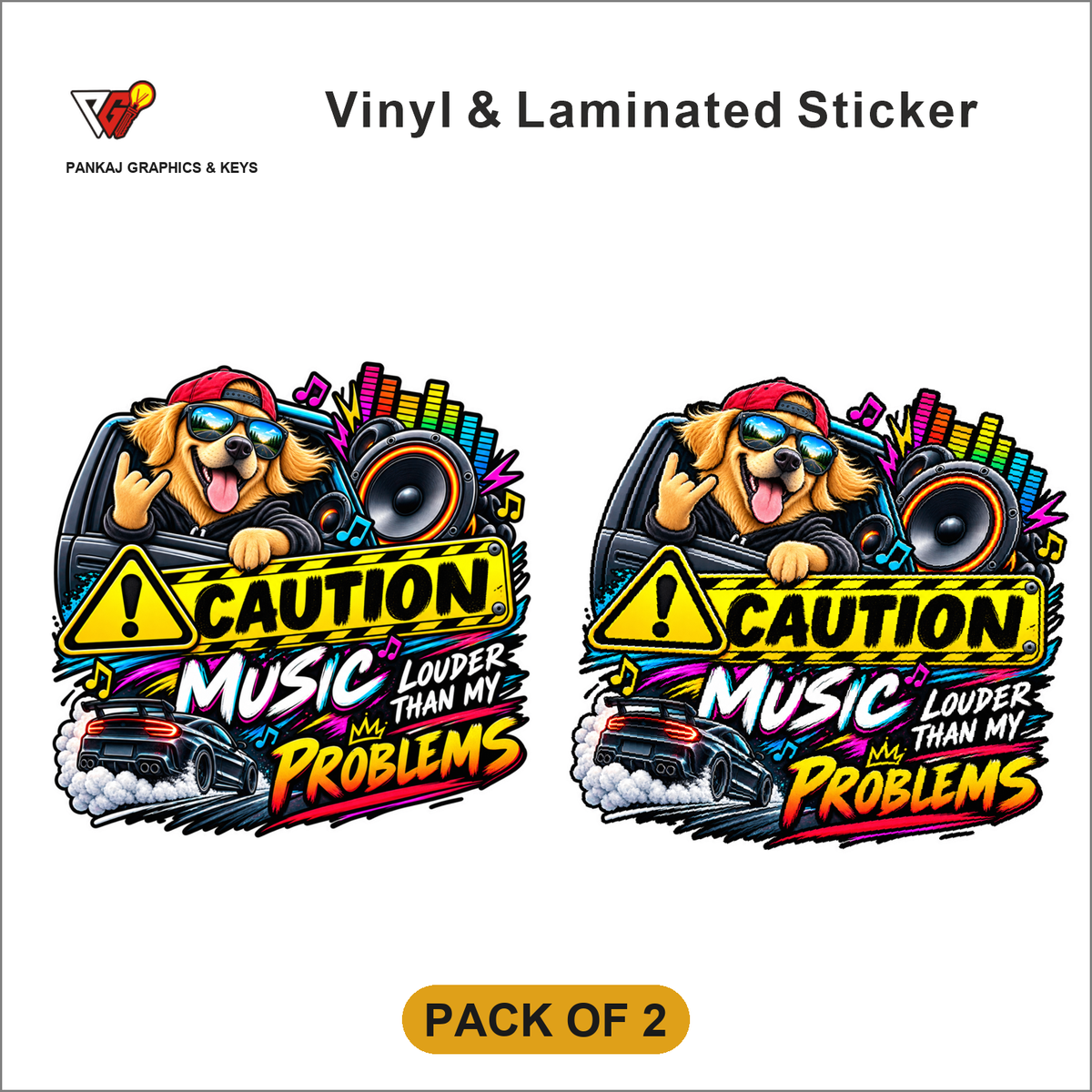 Caution - Music Louder Than My Problems sticker - Pack of 2