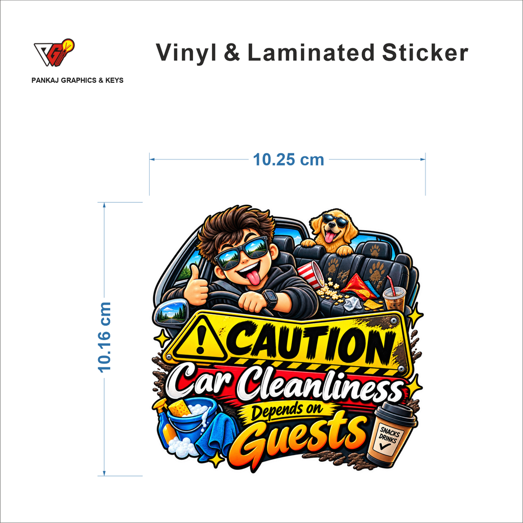 Caution - Car Cleanliness Depends On Guests sticker size 10.25 cm x 10.16 cm
