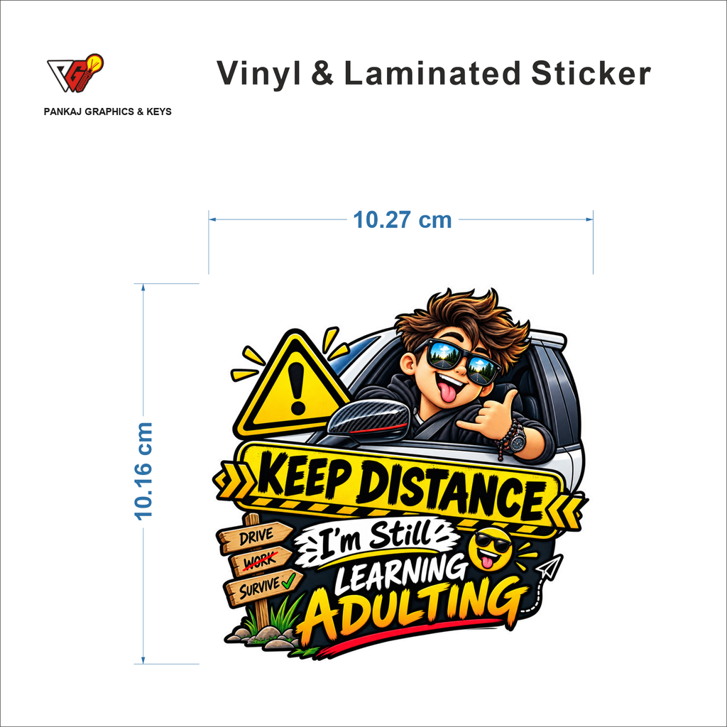 Keep Distance - I'm Still Learning Adulting sticker size 10.27 cm x 10.16 cm