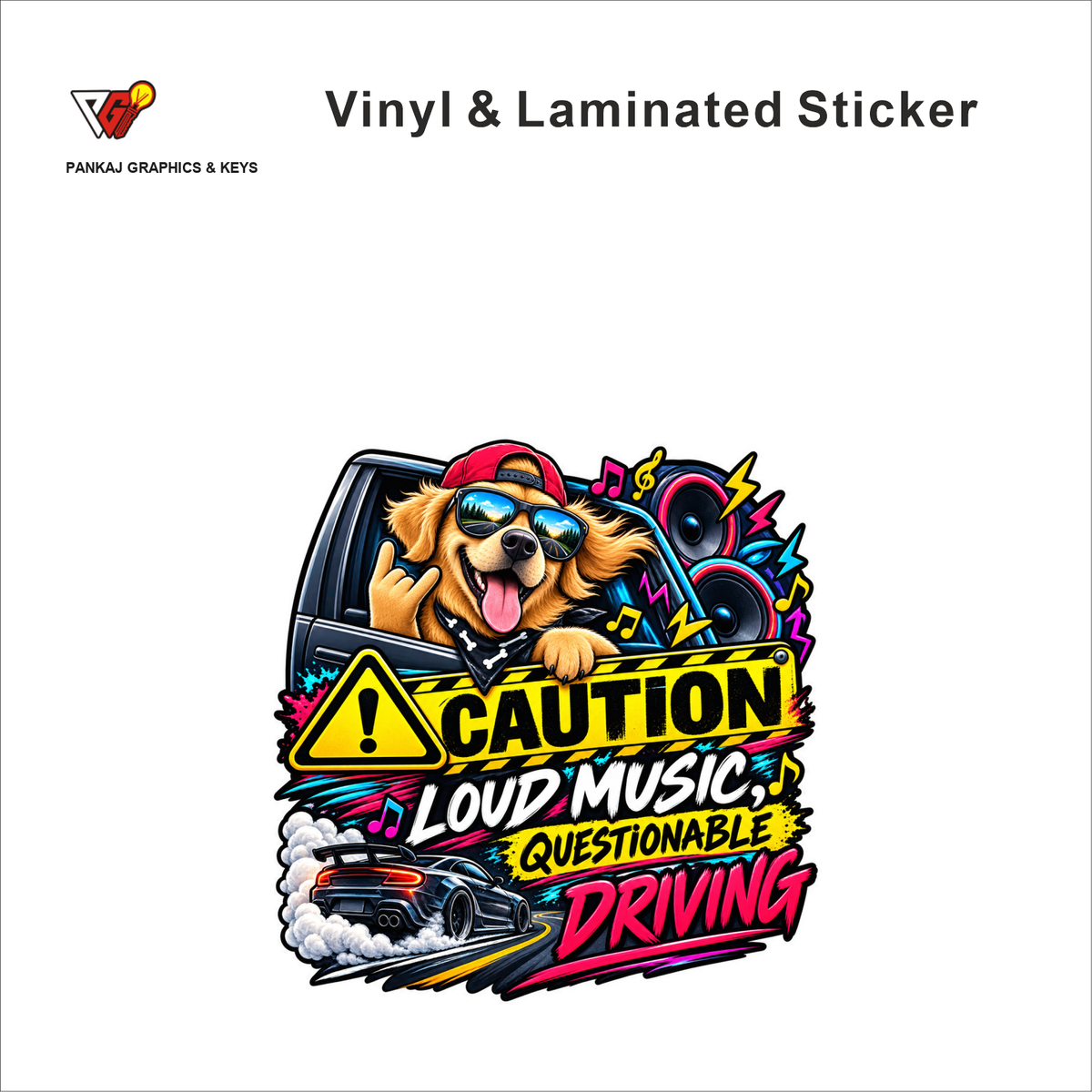 Caution - Loud Music, Questionable Driving funny car warning sticker - matte laminated vinyl