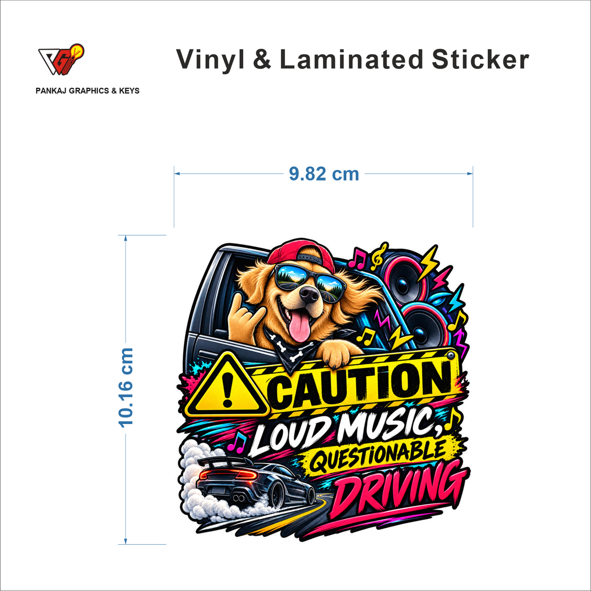 Caution - Loud Music, Questionable Driving sticker size 9.82 cm x 10.16 cm