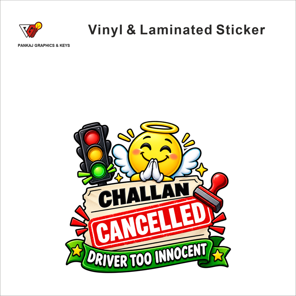 Challan Cancelled - Driver Too Innocent funny car warning sticker - matte laminated vinyl