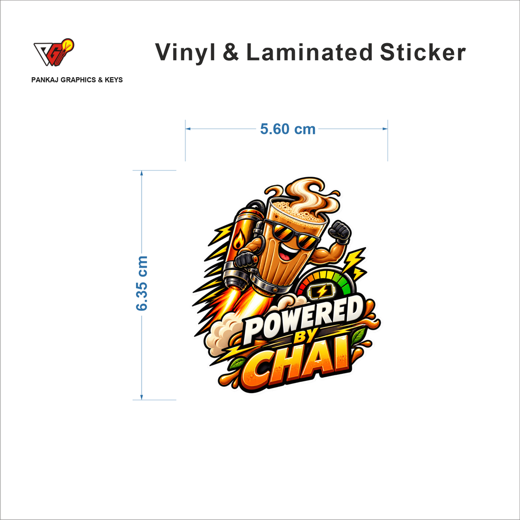 Powered By Chai sticker size 5.60 cm x 6.35 cm
