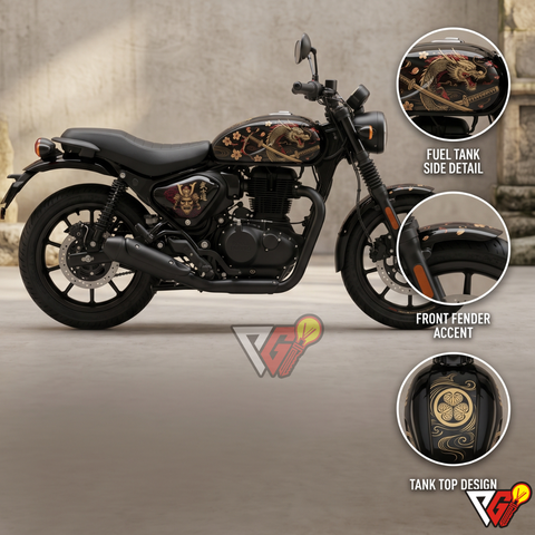 Royal Enfield Hunter 350 Japanese Samurai graphics kit - dragon and katana tank, kabuto side panel, kamon tank top